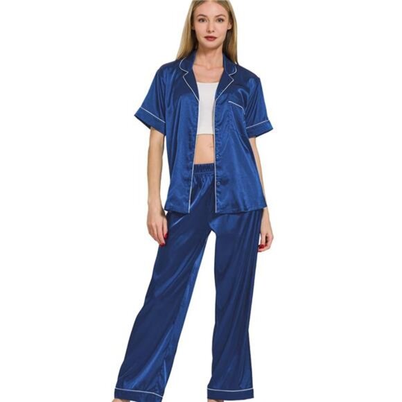 Zenana Satin Short‎ Sleeve Top and Pants Pajama Set - Picture 1 of 3